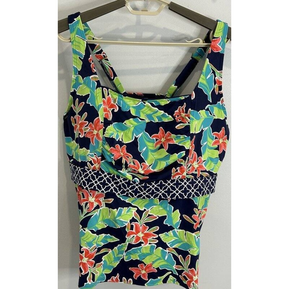 Lands End Womens Tankini Swimsuit Top Blue Tropical Floral Print Underwire 16W G